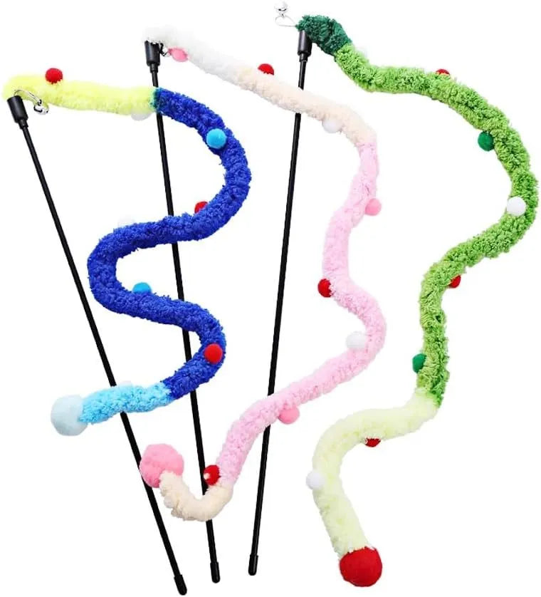 Colourful cat wand toy with long plush strip, fluffy ball, and bells on 41cm pole