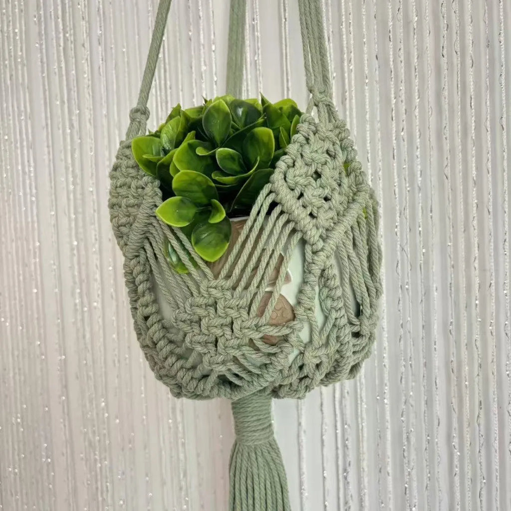 Hand-woven polyester cotton flower pot with net pocket extension cord in brown colour