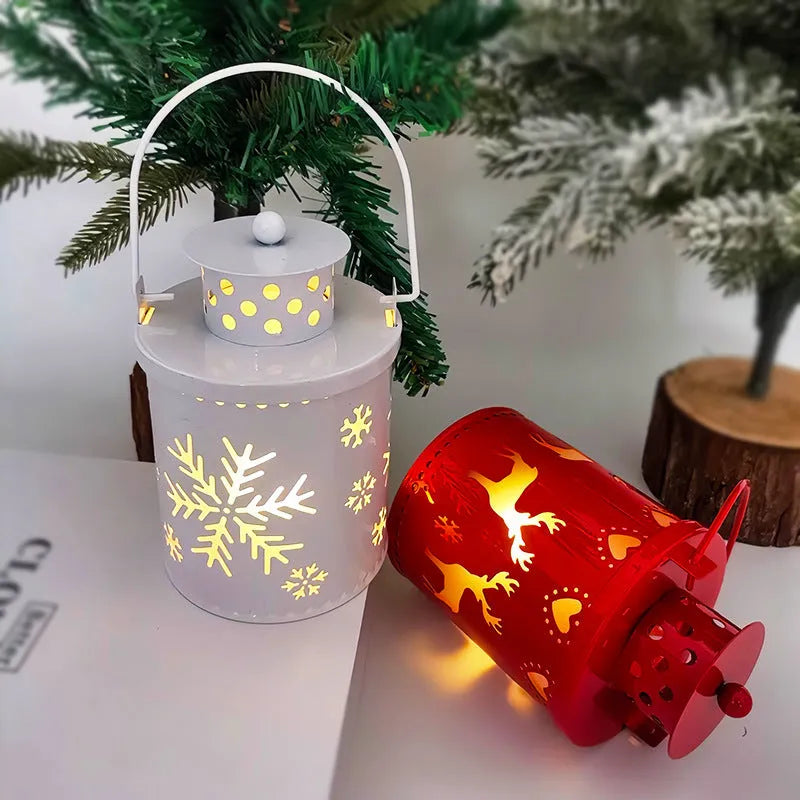 Christmas electronic candle lantern with wrought iron construction and LED lights in Nordic style design