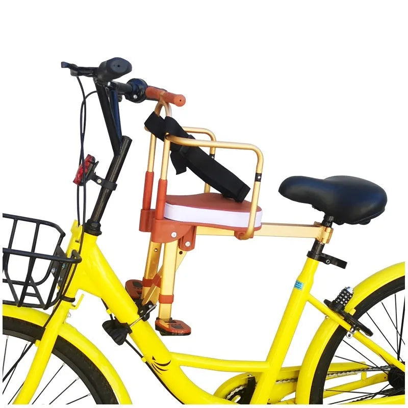 Aluminium alloy front-mounted folding children's bicycle seat in yellow with handrail attached to an ordinary bike