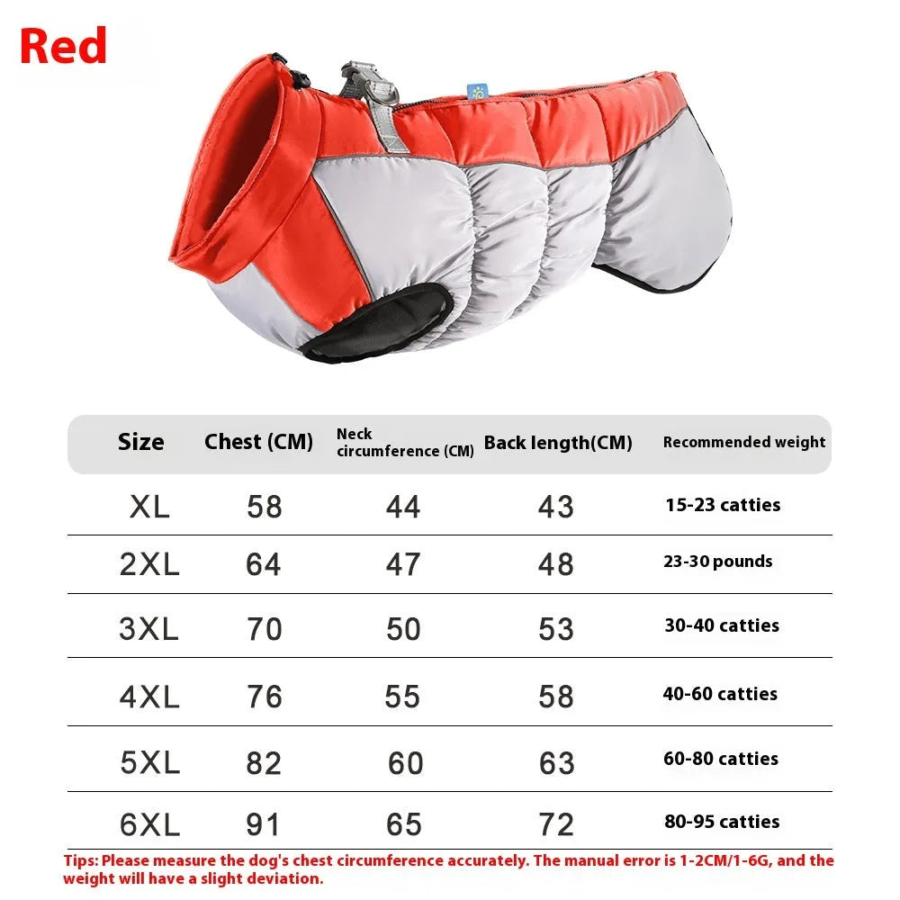Large dog wearing reflective waterproof winter coat in polar fleece material