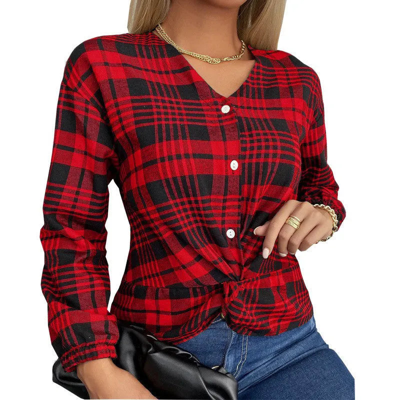 Women's loose-fit plaid casual shirt in polyester, available in purple, grey, or red colours.