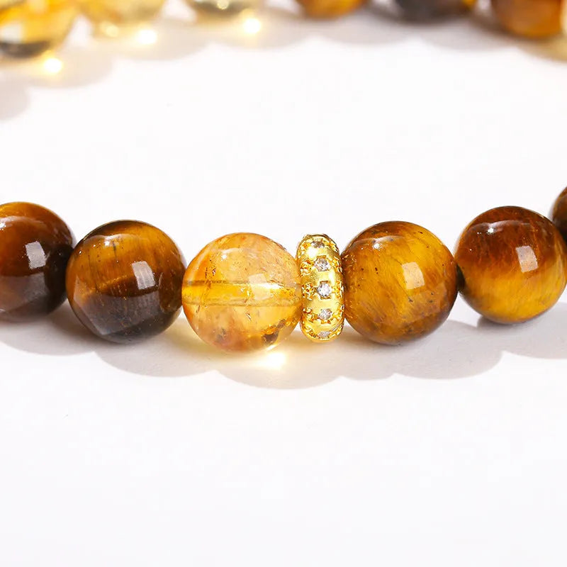 Natural yellow tiger stone and yellow crystal bracelet with 8mm beads and geometric design