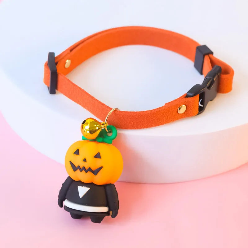 Halloween dog collar decoration in cartoon pumpkin or luminous designs on an adjustable polyester collar.
