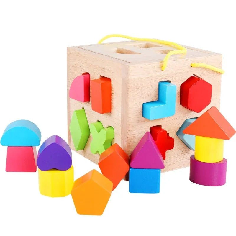 Wooden geometric shape matching baby building blocks with intelligence boxes and wheels for infants 0-3 years