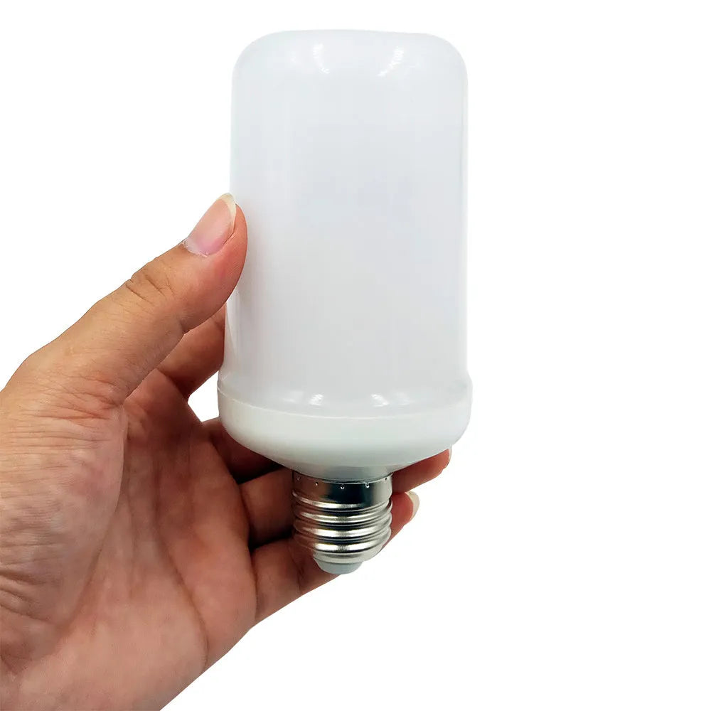 A decorative LED bulb emitting a warm white, flickering flame-like light.