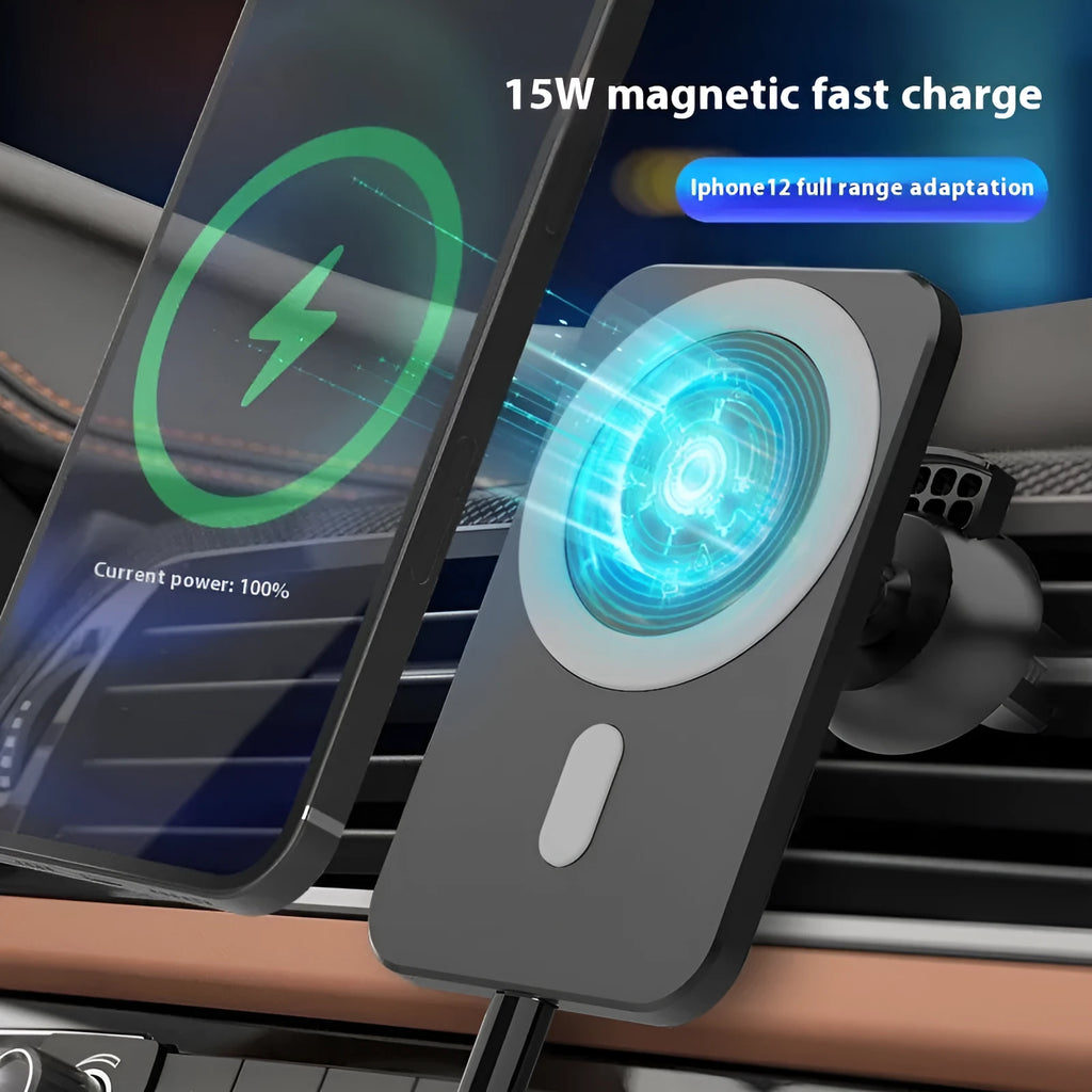 Magnetic car wireless charger holder clipped to a car vent, black X-16 finish, holding a smartphone for hands-free charging and driving.
