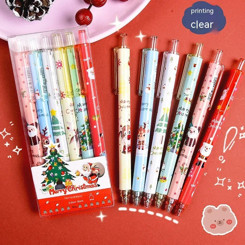 Cartoon design press gel pen set with six black-ink pens in plastic packaging