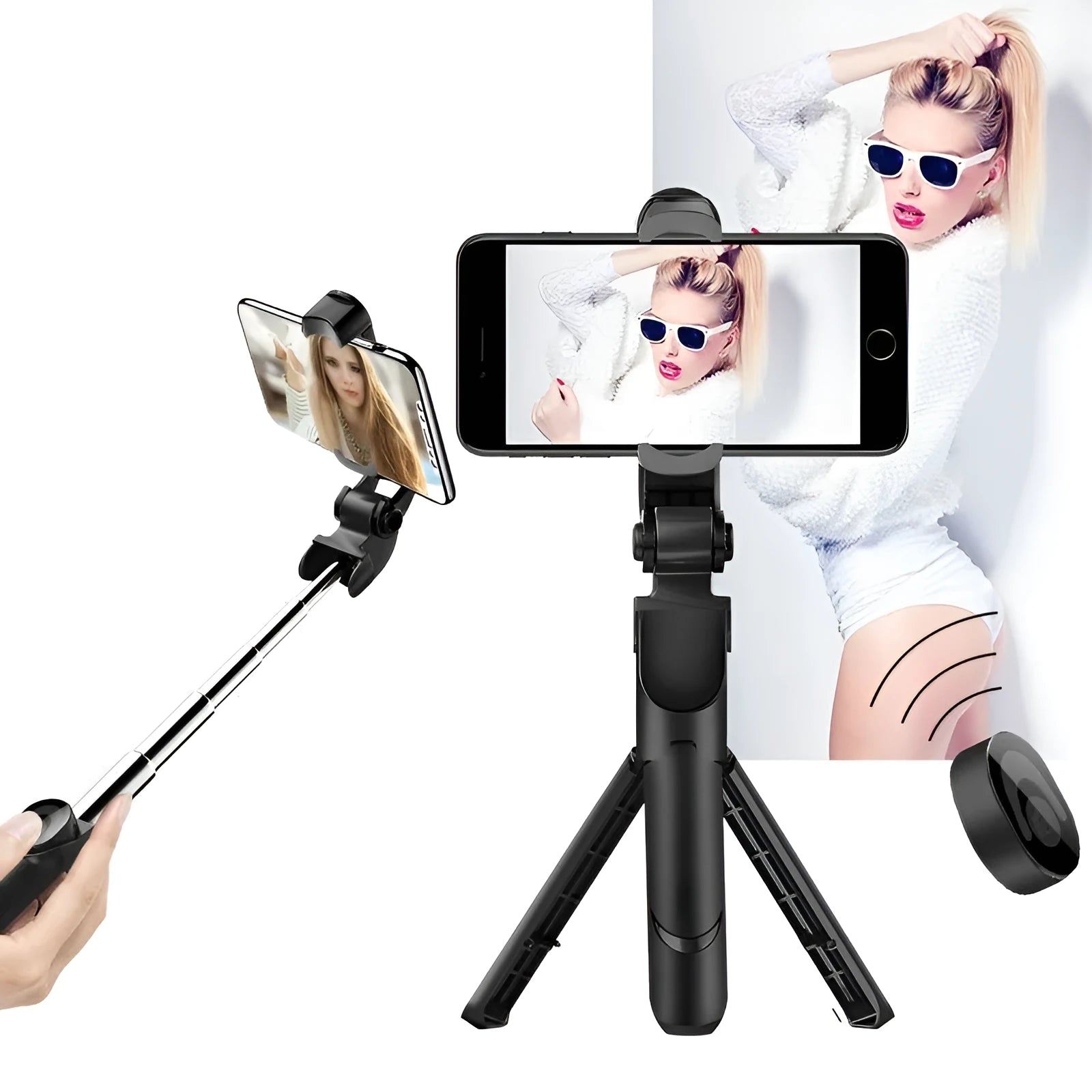 Bluetooth handheld selfie stick with wireless remote control in black and white, folded for portability