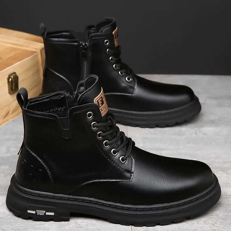 Men's black Martin boots with thick flat rubber sole and front lace-up closure