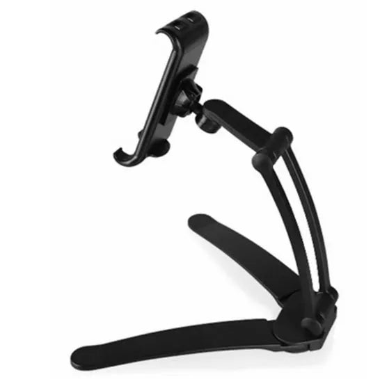 Silver aluminium alloy tablet stand with adjustable black clips holding a tablet, showing 360-degree rotation on a wooden desk.