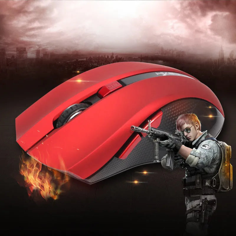 2.4G wireless optical ergonomic mouse in black with four-way scroll wheel and red LED sensor