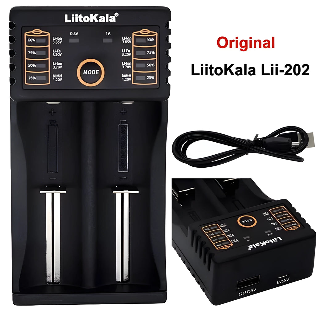 Two-slot lithium battery charger with LED display, Micro USB input, charging 18650 and 14500 cells