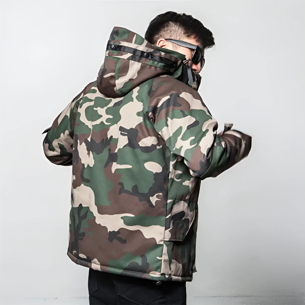 Men's winter camouflage cotton hooded jacket with zipper and straight hem on white background