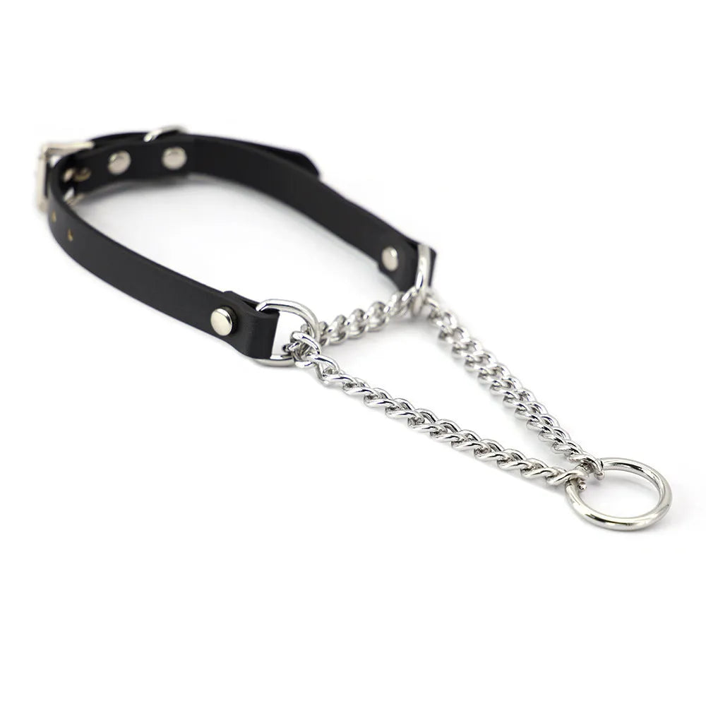 Black cowhide leather bondage collar and matching leash with hand grip rope.