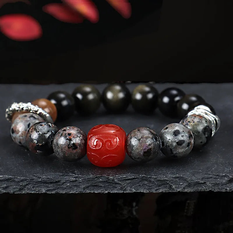 Gold obsidian flame stone red agate unisex bracelet with original design