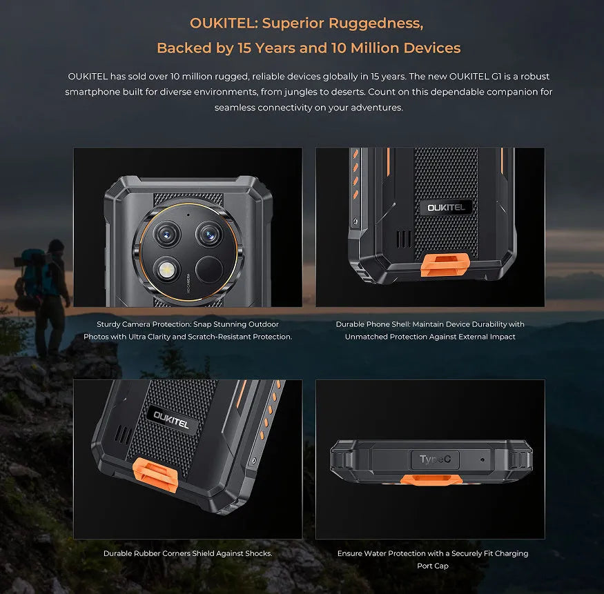 OUKITEL G1 mobile phone in green, grey, and orange colour options with charger.