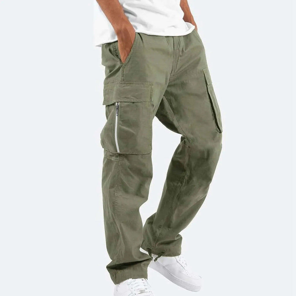 Men's cotton blend work trousers in army green with drawstring elastic waist, side view