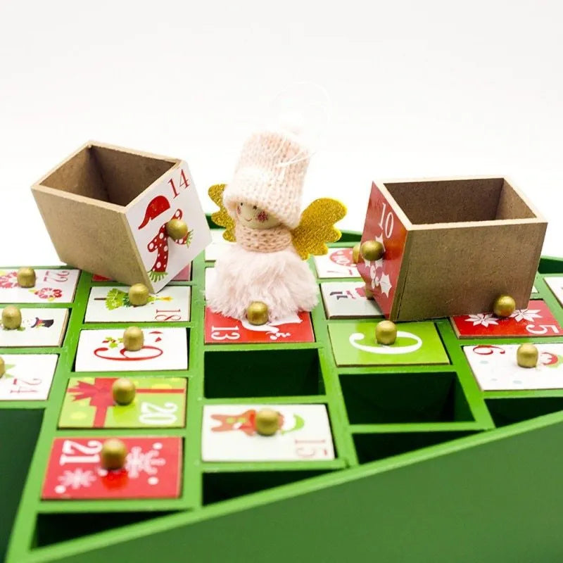 Wooden Christmas calendar with 24 red and green compartments for advent countdown, 37x32x6 cm