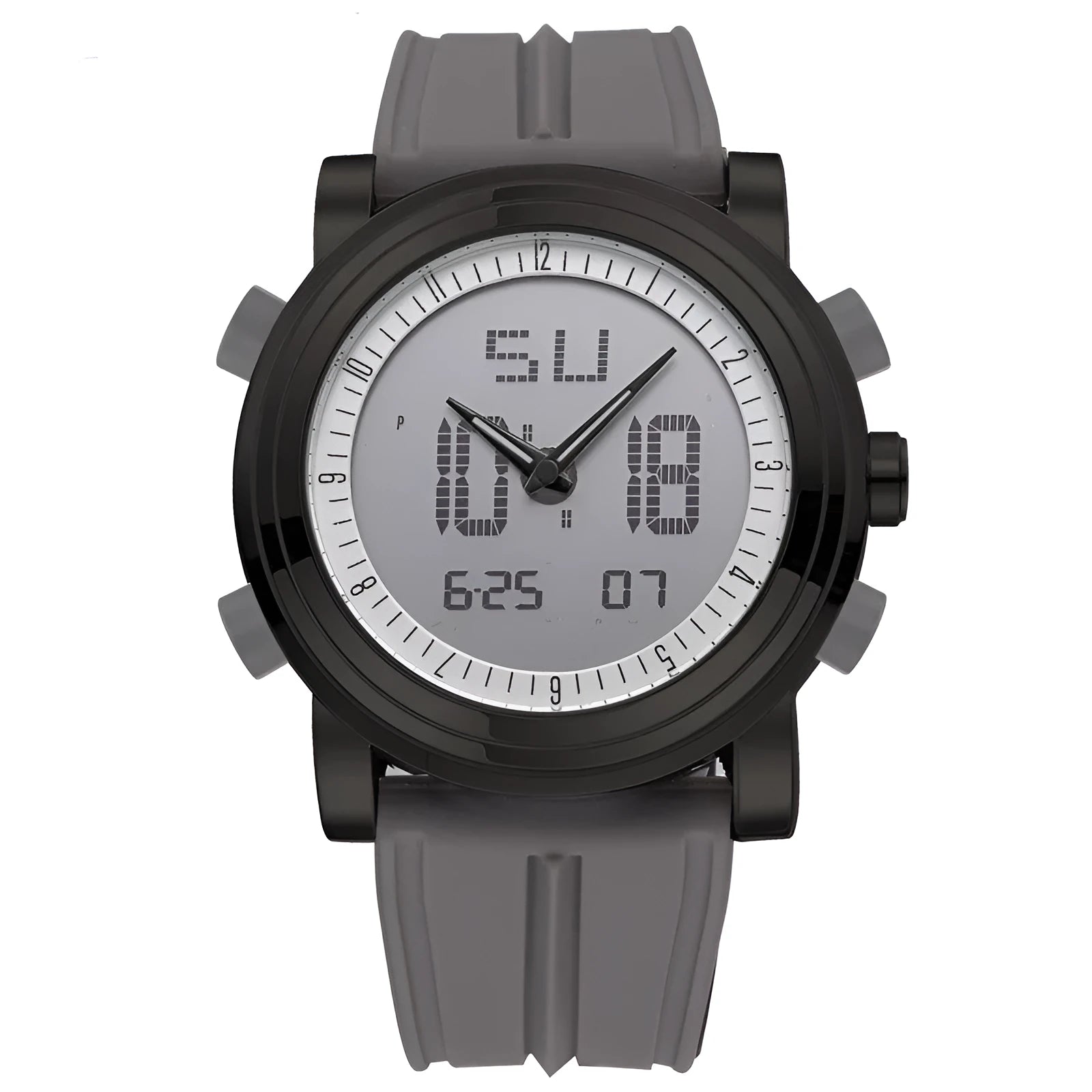 Black double display luminous electronic watch showing analogue hands and digital numbers on a 47 mm dial.