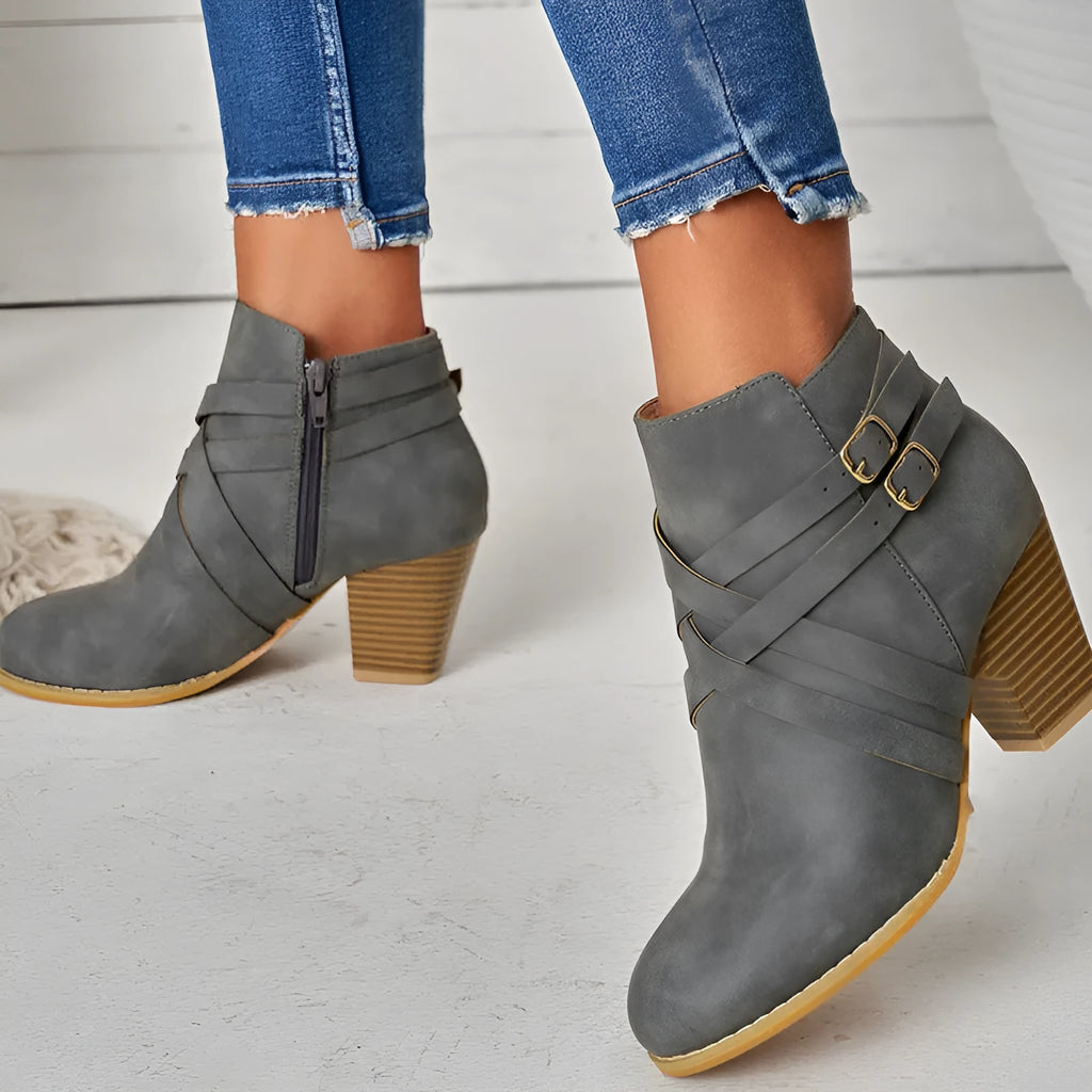 Women's black PU leather ankle boots with 7cm heel and side zipper closure