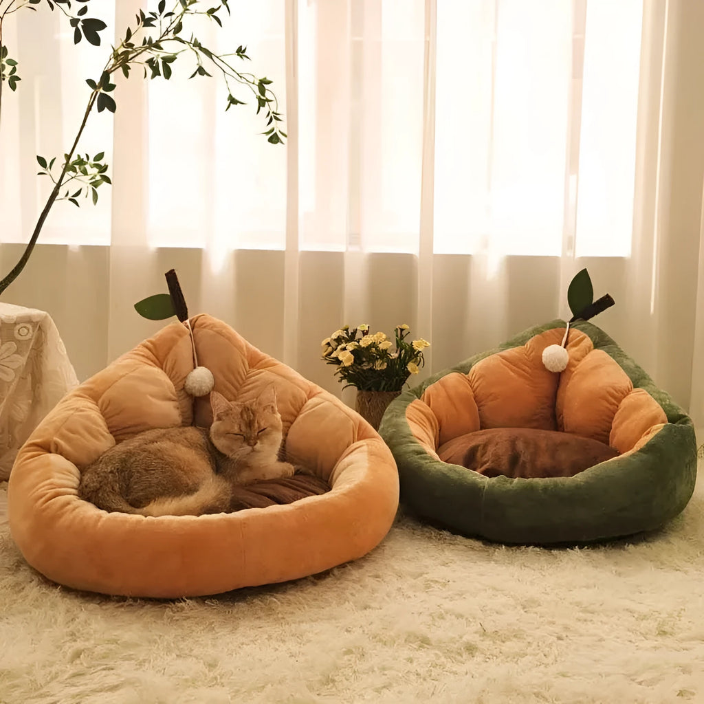 Soft coffee-coloured cotton pet bed with fluffy fleece interior and a raised bolster edge for a cat or small dog.