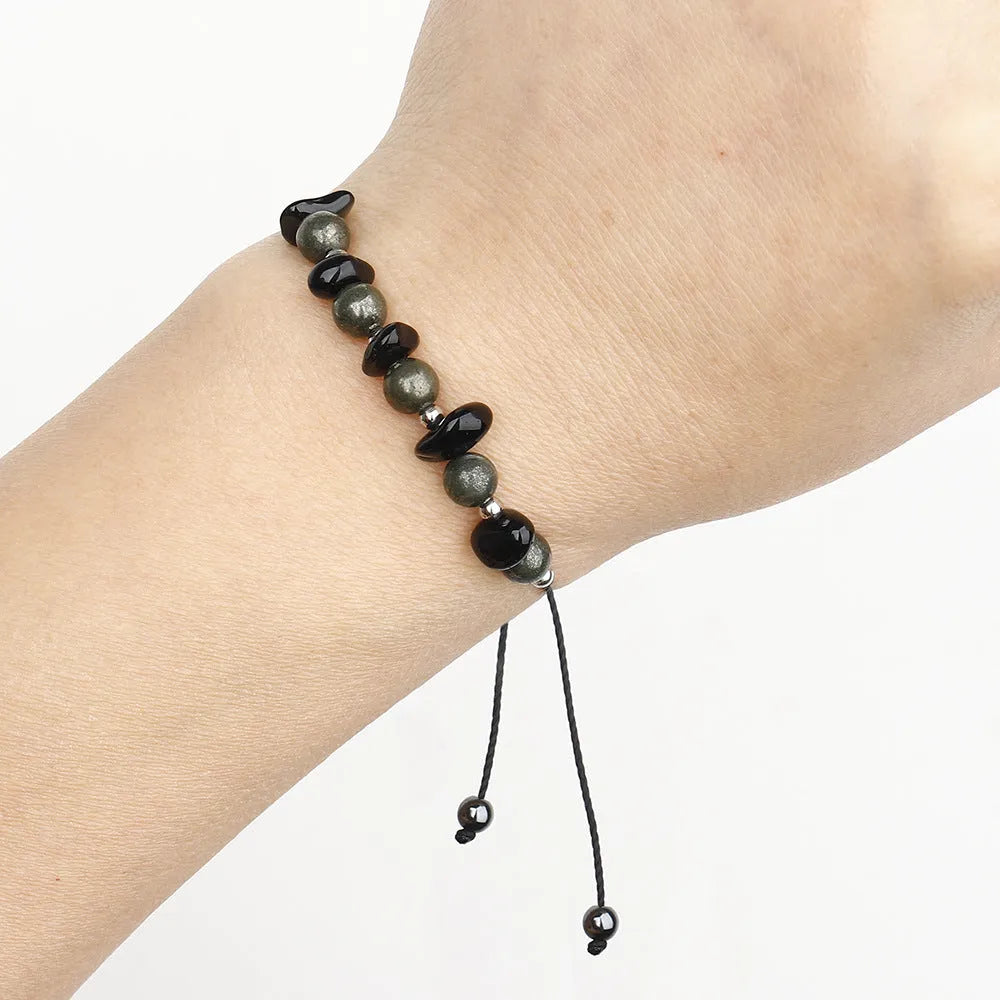 Black garnet stone bracelet with geometric moon design, manual processing, unisex accessory