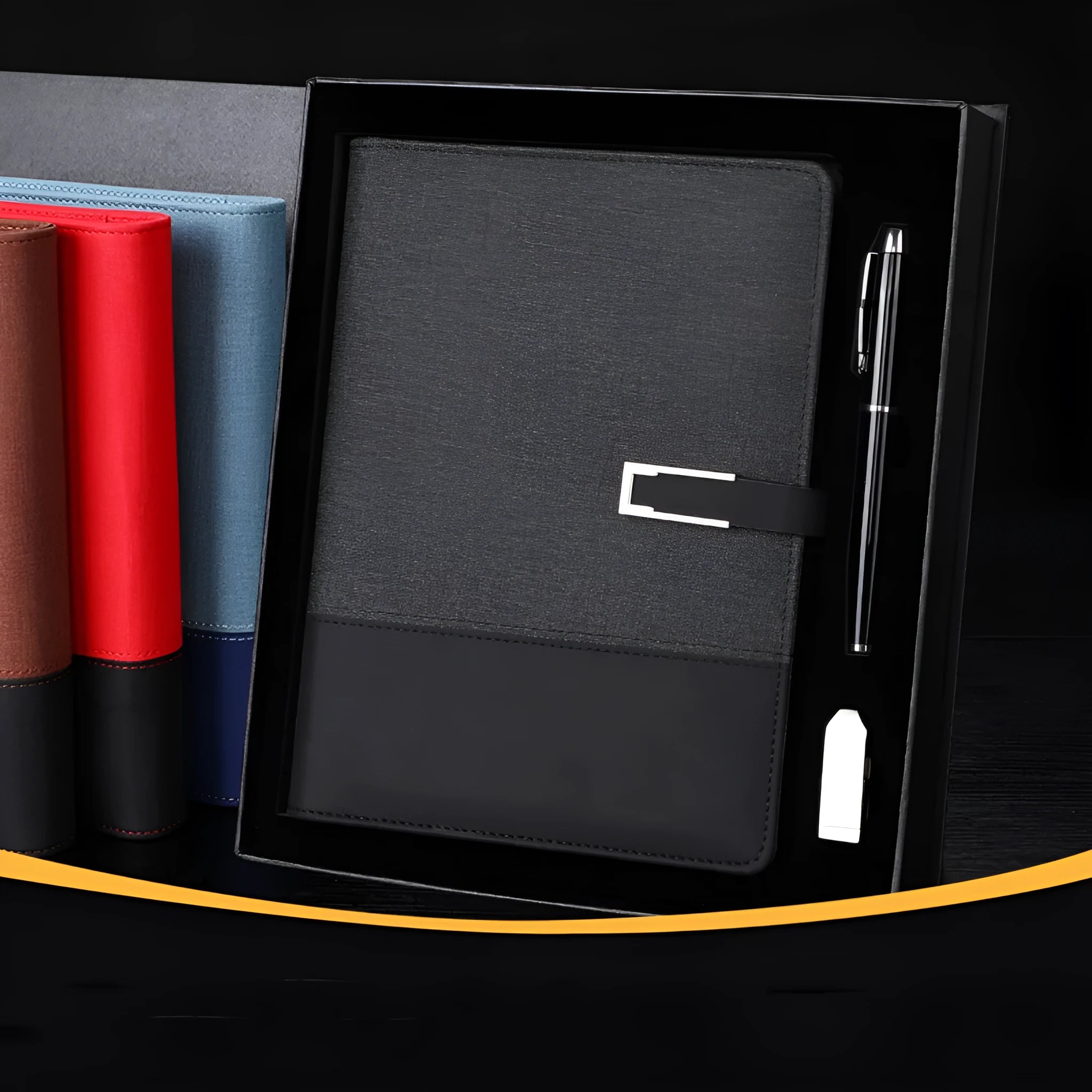 A5 notebook with pu leather cover in multiple colour options including brown, black, green, blue, and red.