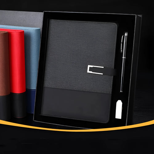 A5 notebook with pu leather cover in multiple colour options including brown, black, green, blue, and red.