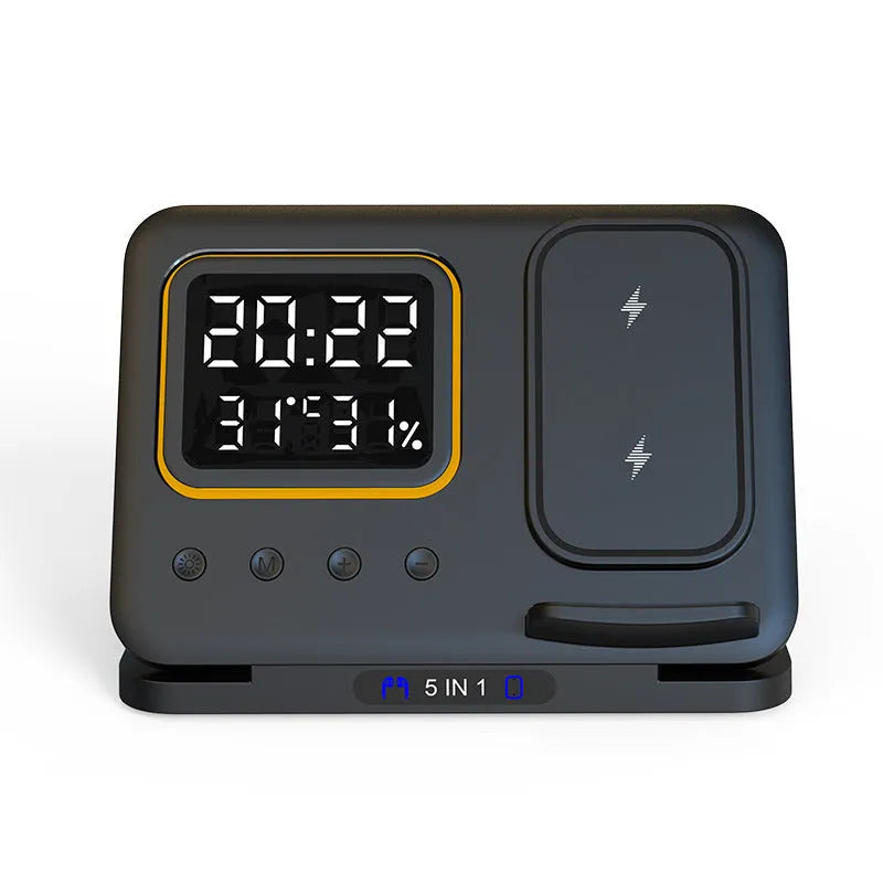 Black 15W wireless charging dock station with digital clock display charging a phone and watch