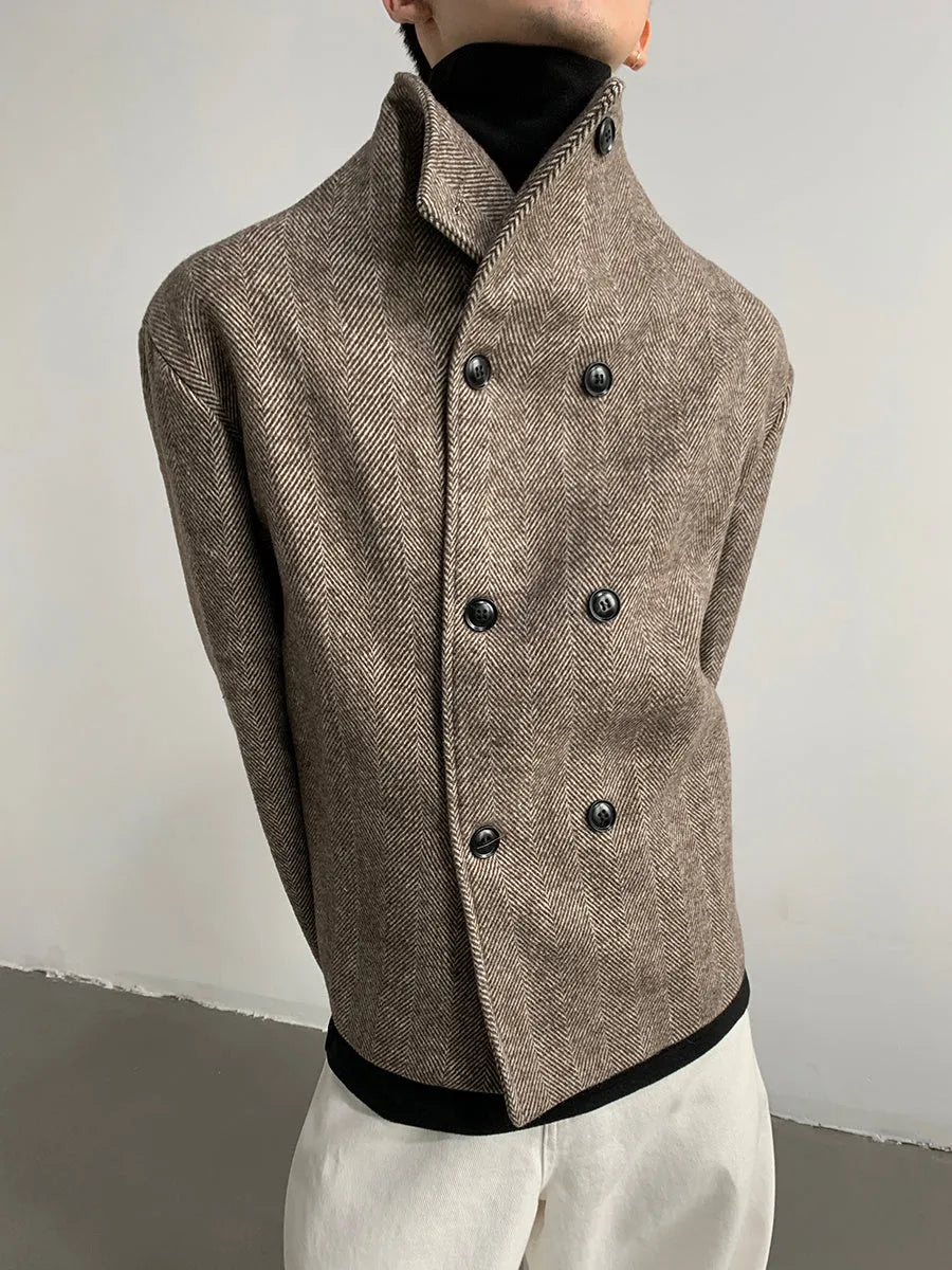 Double breasted stand collar mid-length loose fit polyester coat jacket in Coffee colour with long sleeves
