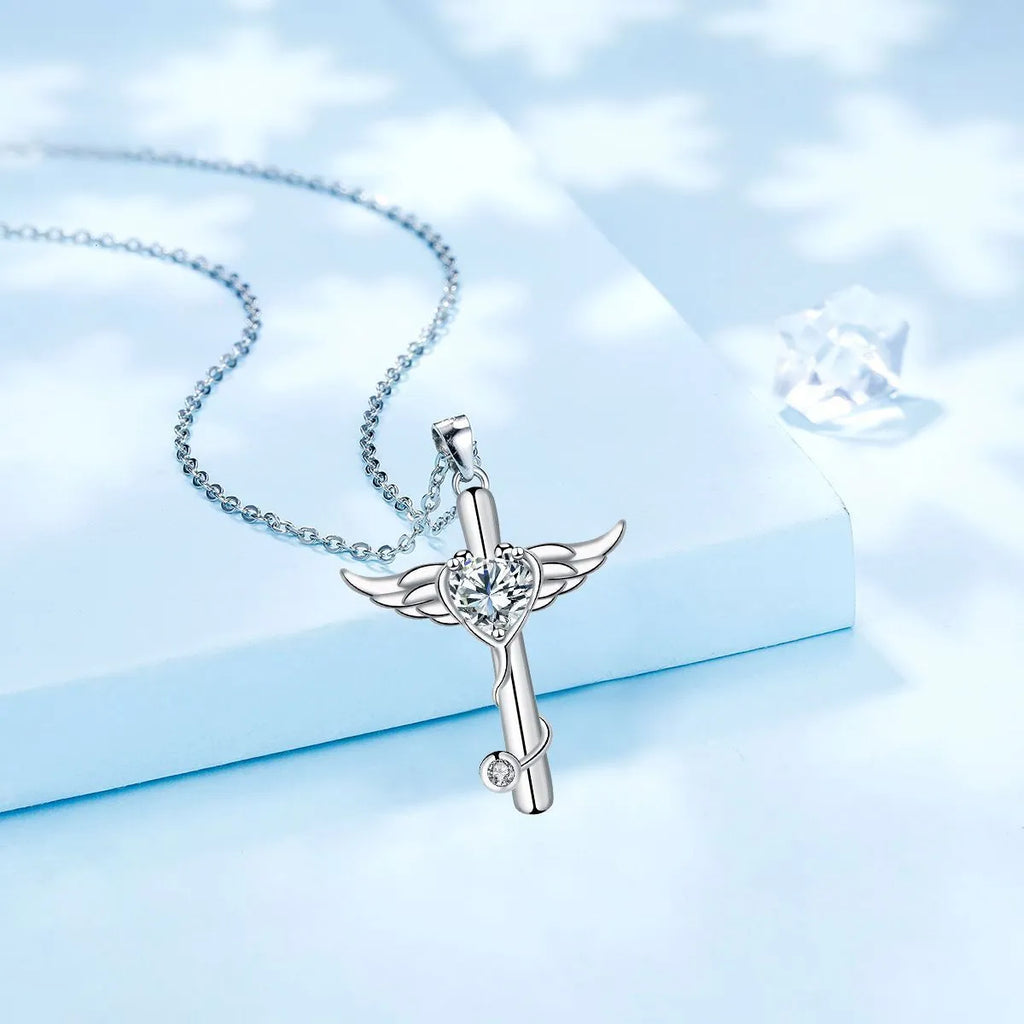 Cross stethoscope necklace with wings pendant in electroplated copper with White Diamond or Red Diamond finish