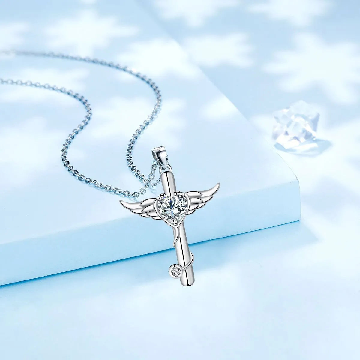 Cross stethoscope necklace with wings pendant in electroplated copper with White Diamond or Red Diamond finish