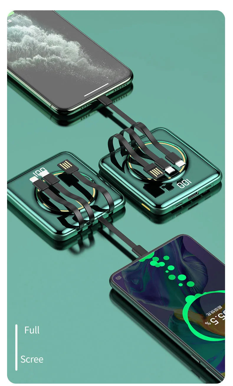 Compact square 20000mAh power bank with LCD screen in black, green, or red colour.
