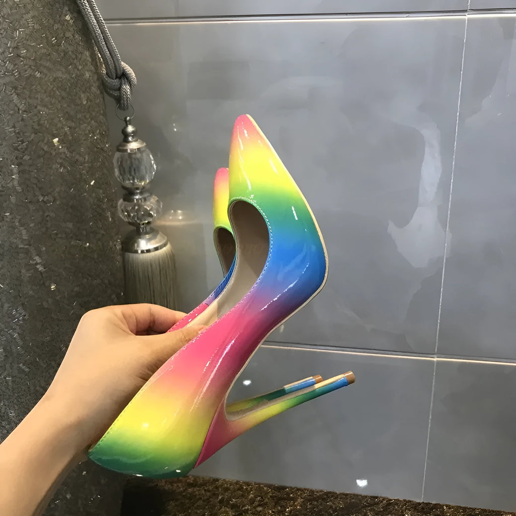 Rainbow multicolour patent leather women's high-heel shoes with pointed toe and stiletto heel.