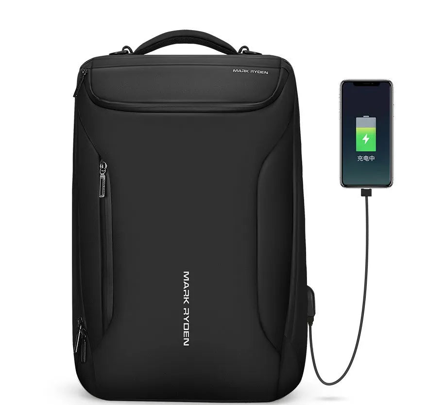 Black Oxford cloth backpack with USB charging port and 108° opening design, 20-35L capacity