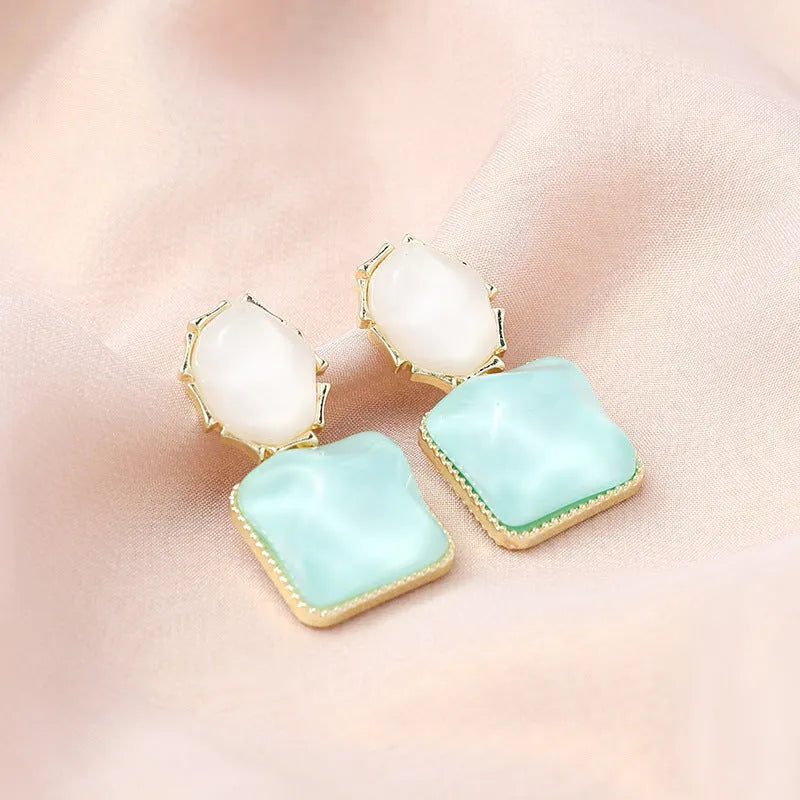 Contrast colour water ripple geometric square earrings in electroplated alloy, Korean style for women