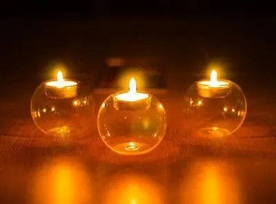 European style spherical hollow glass candle holder in three diameter sizes