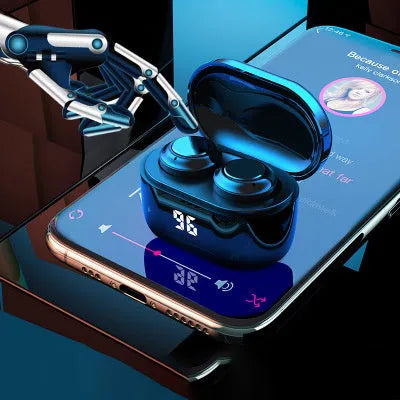Black in-ear stereo Bluetooth wireless headset with silicone ear tips displayed on a dark background.
