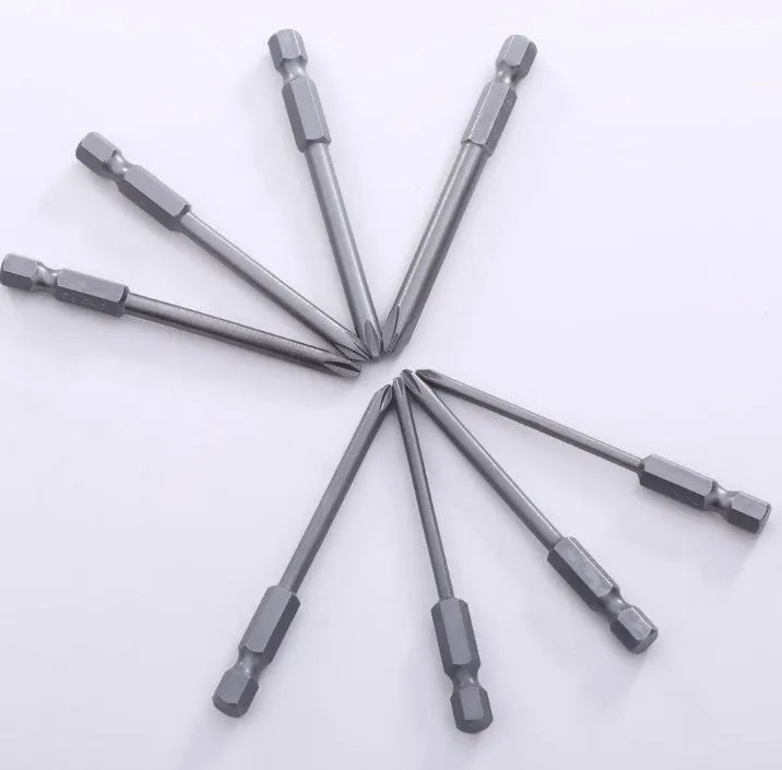 8 magnetic screwdriver bits with hex shanks in Phillips sizes PH0 to PH2