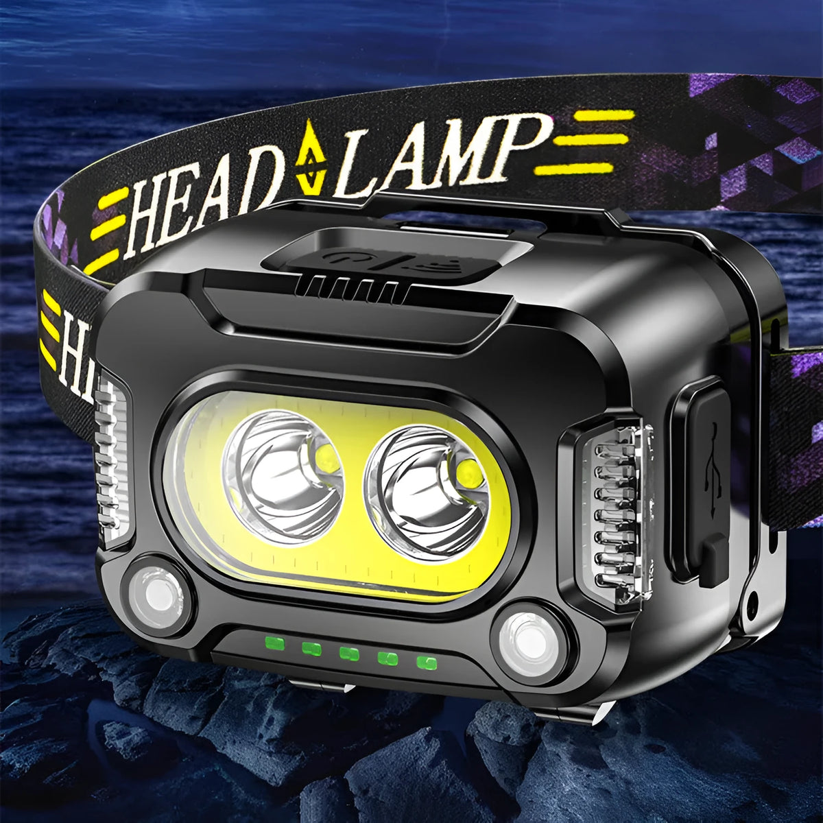 Black COB LED rechargeable headlamp with touch switch, 200m beam, Type-C charging, for fishing and running