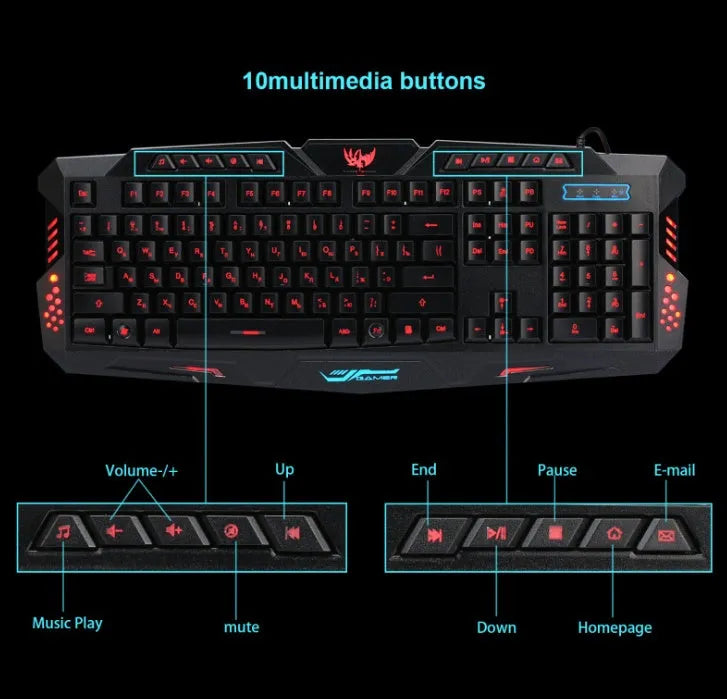 Wired gaming keyboard with tri-colour backlight and luminous mouse, Russian layout, 108 keys