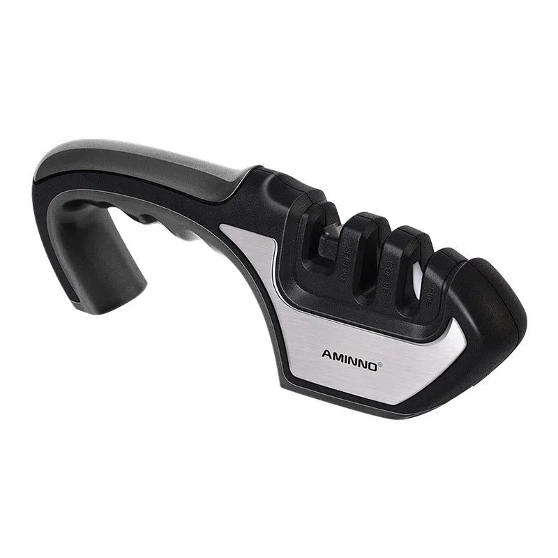 4-in-1 kitchen knife sharpener with TPR handle showing diamond, ceramic and tungsten steel grinding elements
