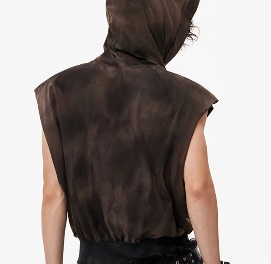 Khaki coloured short-sleeved cotton hood vest for youth, shown on a hanger.