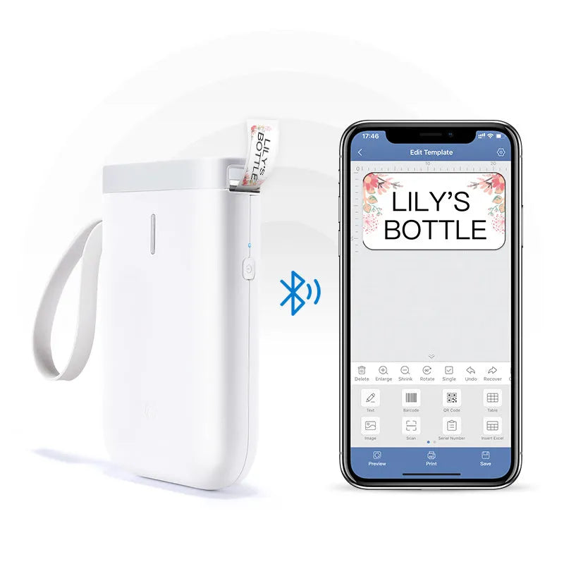 D11 Bluetooth thermal label printer with compact design showing dimensions and included accessories