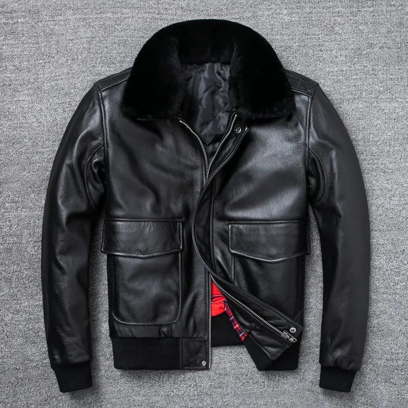 Pure first layer cowhide leather flight suit in black with slim fit, zipper front, and ribbed hem