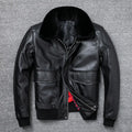 Pure first layer cowhide leather flight suit in black with slim fit, zipper front, and ribbed hem