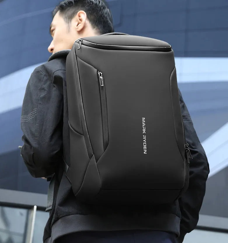 Black Oxford cloth backpack with USB charging port and 108° opening design, 20-35L capacity