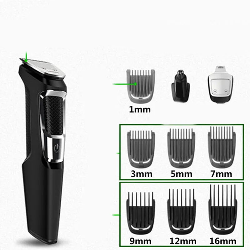 Multifunctional nose and beard hair trimmer with cleaning brush on a white background.