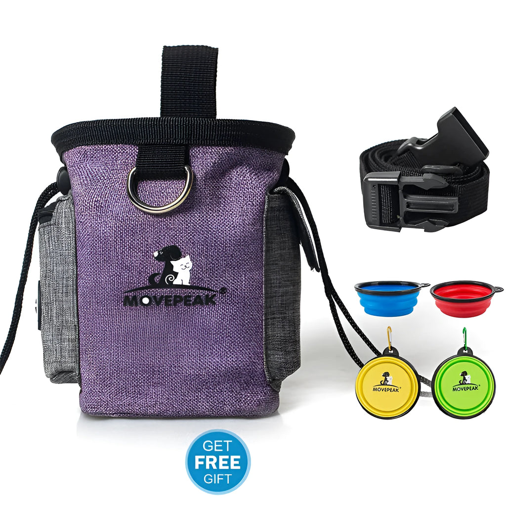 Purple dog training treat pouch with belt clip and waterproof Oxford fabric, 16.5x14x8cm.